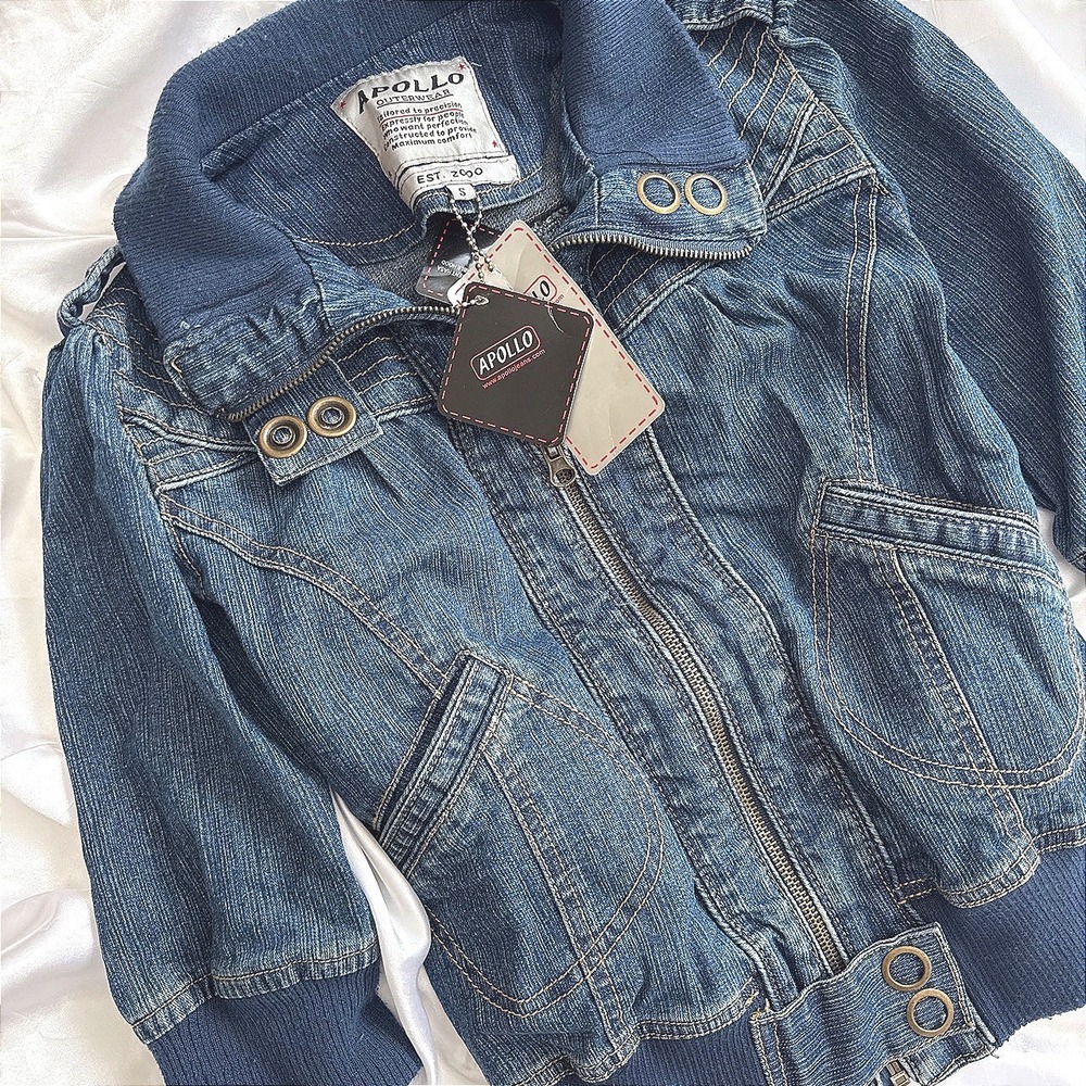 Apollo Outerwear Womens Denim Bomber Jacket Blue Moto Puff Sleeve NWT Size S